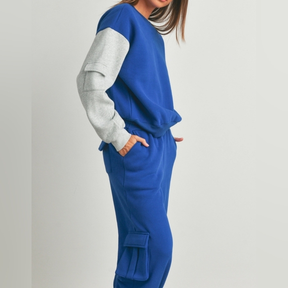 #058B 🛑S NEW! CHIC TRENDY Patched Pocket Sleeve Contrast Sweatshirts - Picture 1 of 12